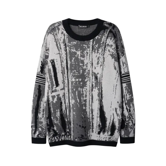 Jacquard Contrast Color Retro Crew Neck Pullover Sweater Gray - Shop at LoveMi