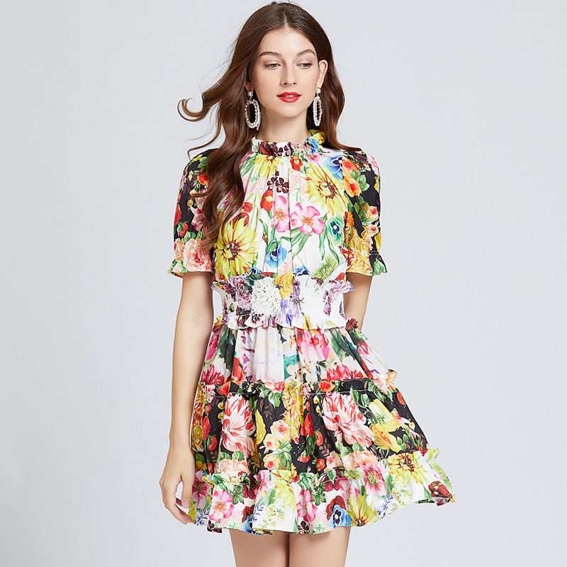 Three-color Printing Contrast Color Lotus Leaf Small High Collar Elastic High Waist Dress