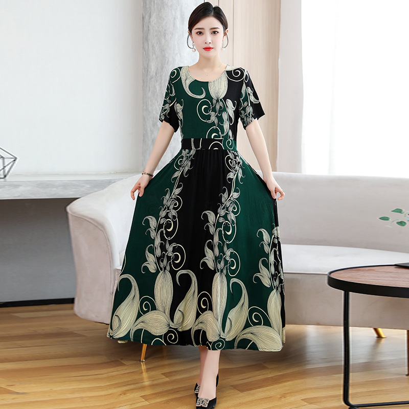 Cotton Silk Middle-aged Floral Over The Knee Swing Long Dress