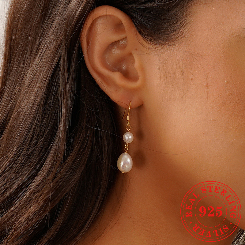 Natural Freshwater Pearl 925 Silver Needle Female Vintage Handmade Temperament Baroque Eardrop Earring
