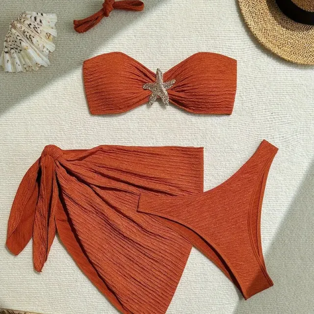 Bikini Solid Color Swimsuit Three piece Tube Top Beach Skirt Brown - Shop at LoveMi