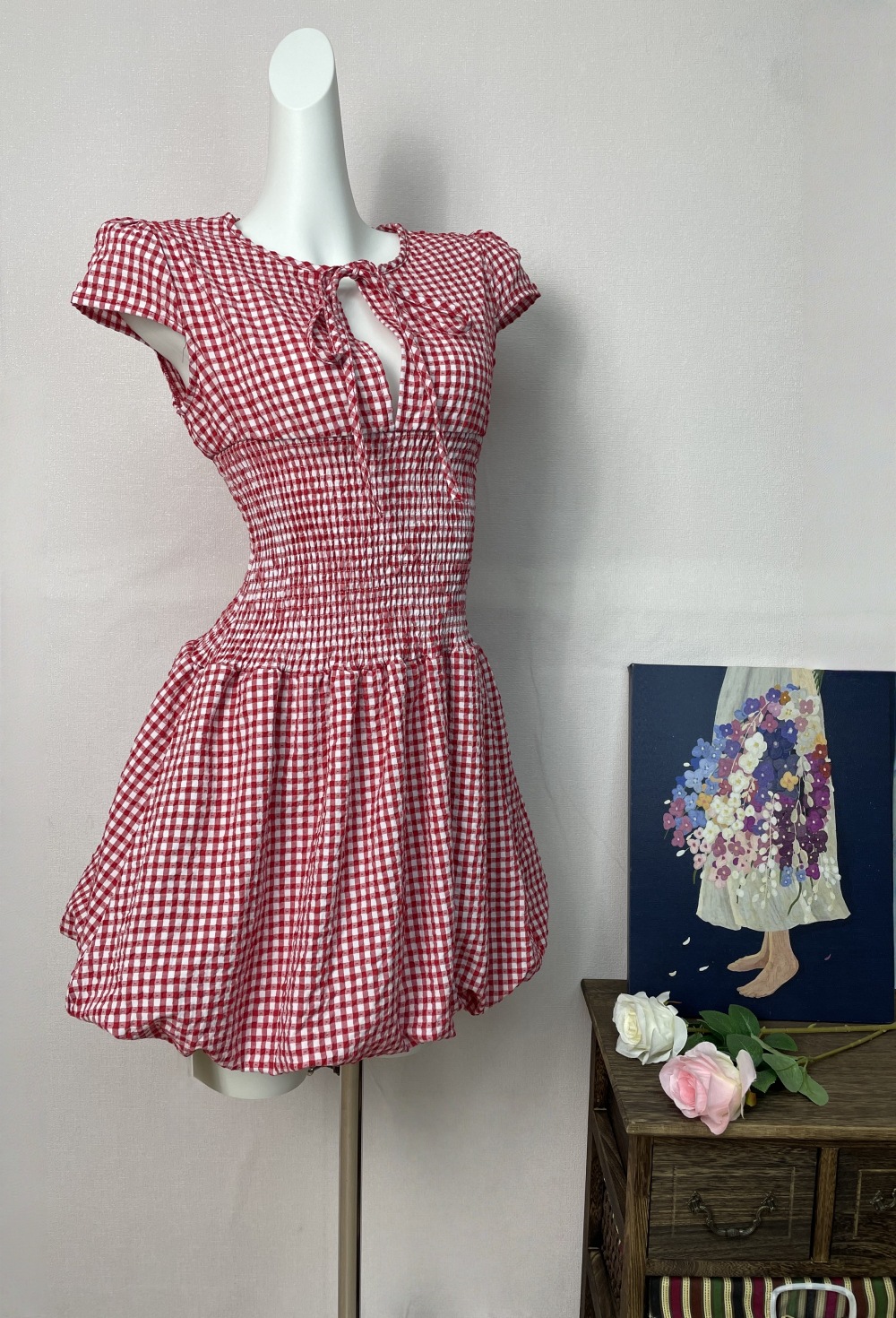 Red Pattern Hollow Out Short Sleeve Dress Women Red Plaid - Shop at LoveMi