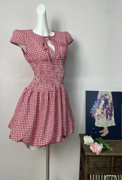 Red Pattern Hollow Out Short Sleeve Dress Women - Red Plaid - View 1