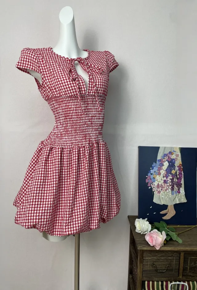 Red Pattern Hollow Out Short Sleeve Dress Women Red Plaid - Shop at LoveMi