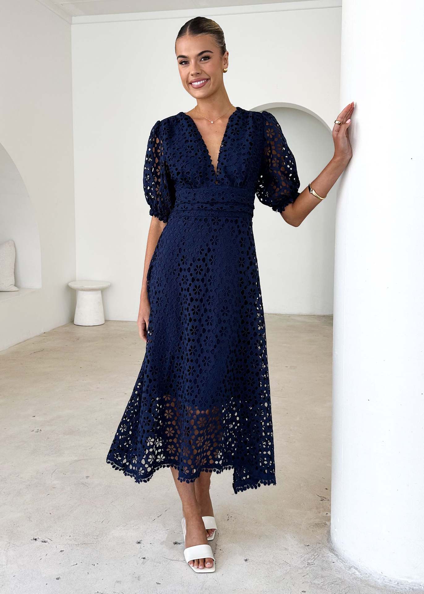 V neck Sexy Waist Solid Color Lace Hollow Maxi Dress Navy Blue - Shop at LoveMi