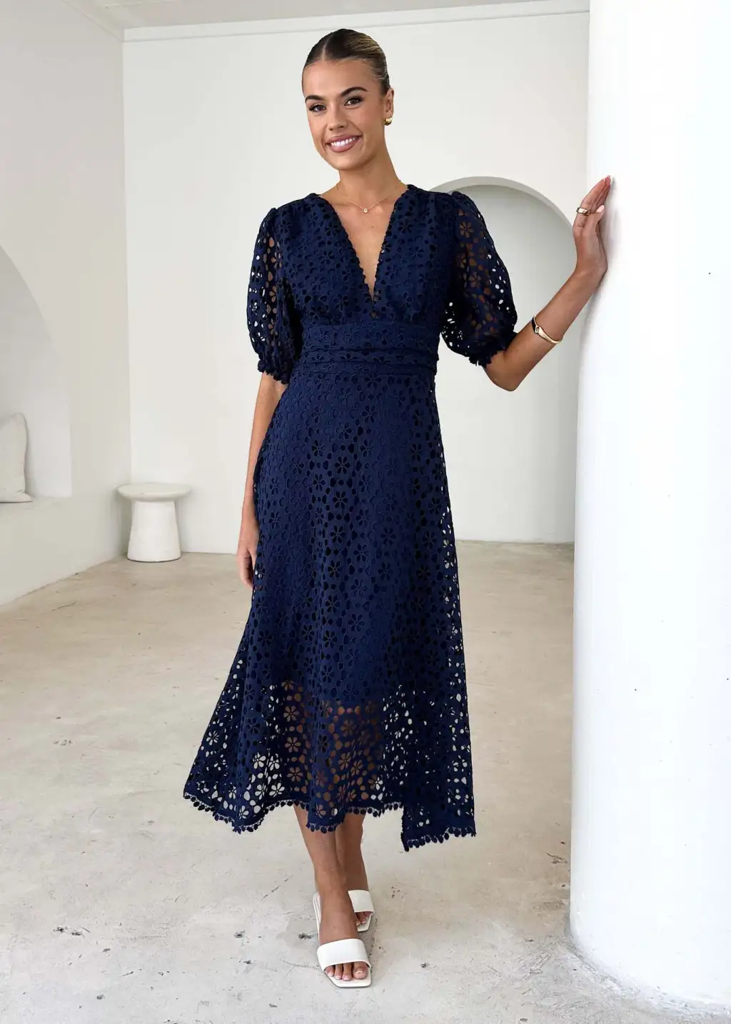 V-neck Sexy Waist Solid Color Lace Hollow Maxi Dress - Navy Blue