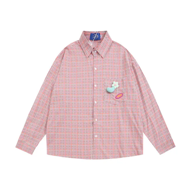 Fine Plaid Long sleeved Shirt Casual Loose Personality Design Pocket Cardigan Top Pink - Shop at LoveMi