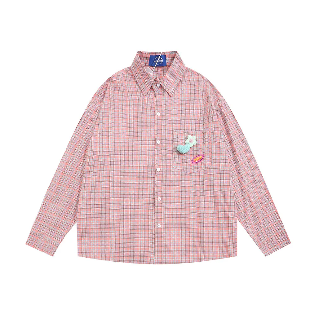 Fine Plaid Long-sleeved Shirt Casual Loose Personality Design Pocket Cardigan Top - Pink