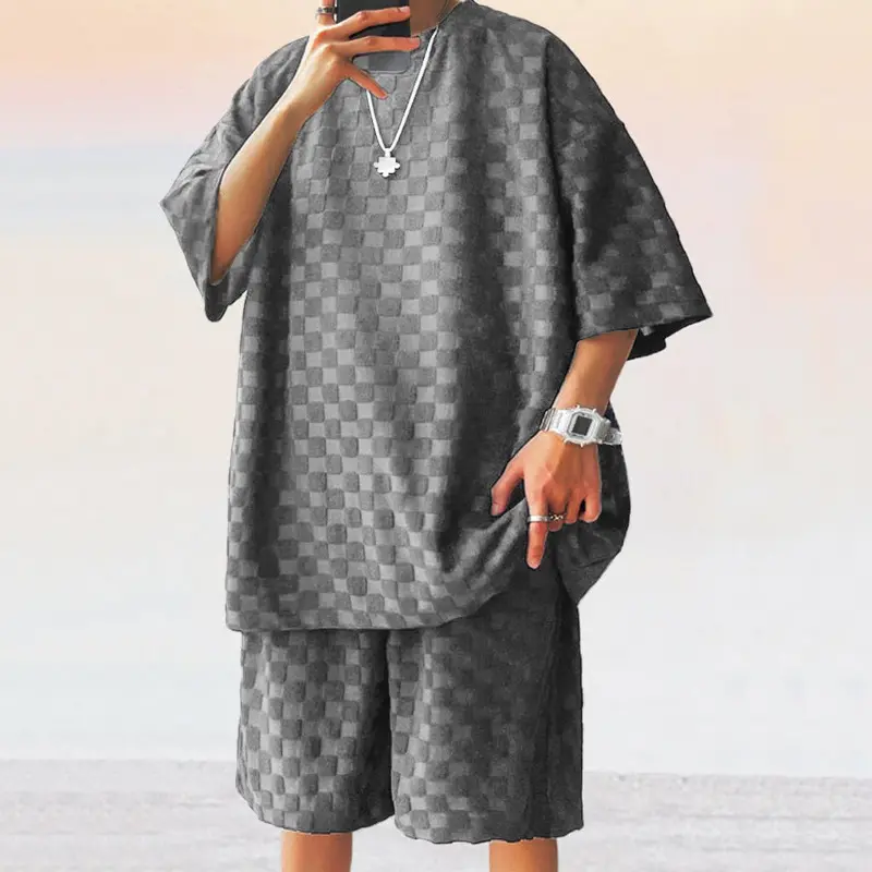 Jacquard Plaid Loose Straight Casual Shorts Suit