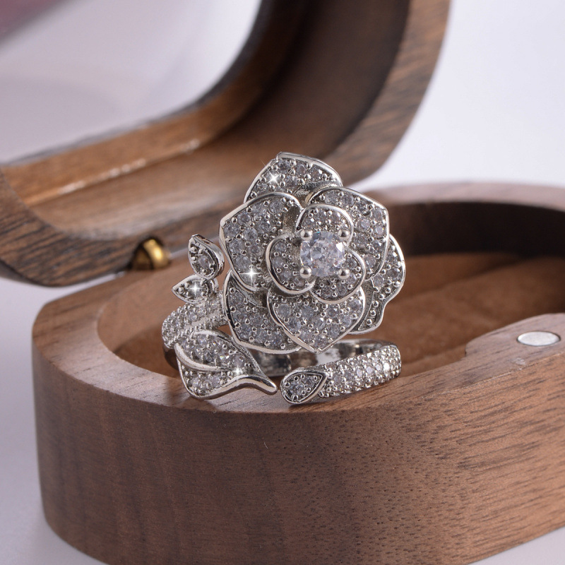 Fashionable Light-luxury High-end Diamond-studded Camellia Open Ring - photo 3