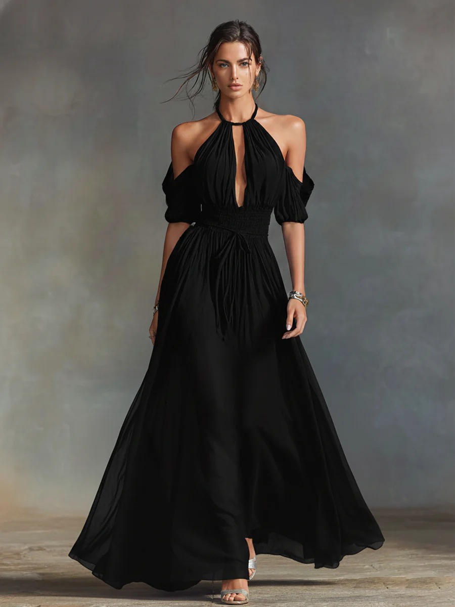 Solid-Color Halter Neck Midi Dress in Black – front view showing halter neckline and elastic waist silhouette