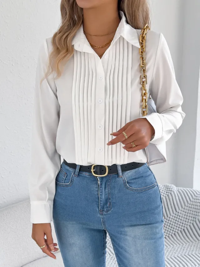 Pleated Solid color Button up Long sleeve Business Shirt White - Shop at LoveMi