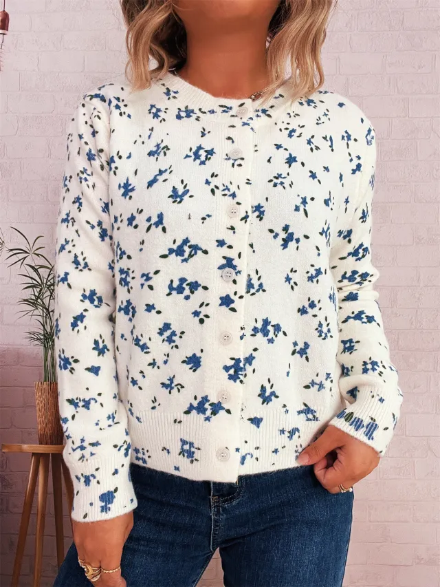 Simple Flower Print Cardigan Commuter Round Neck Knitted Sweater White - Shop at LoveMi