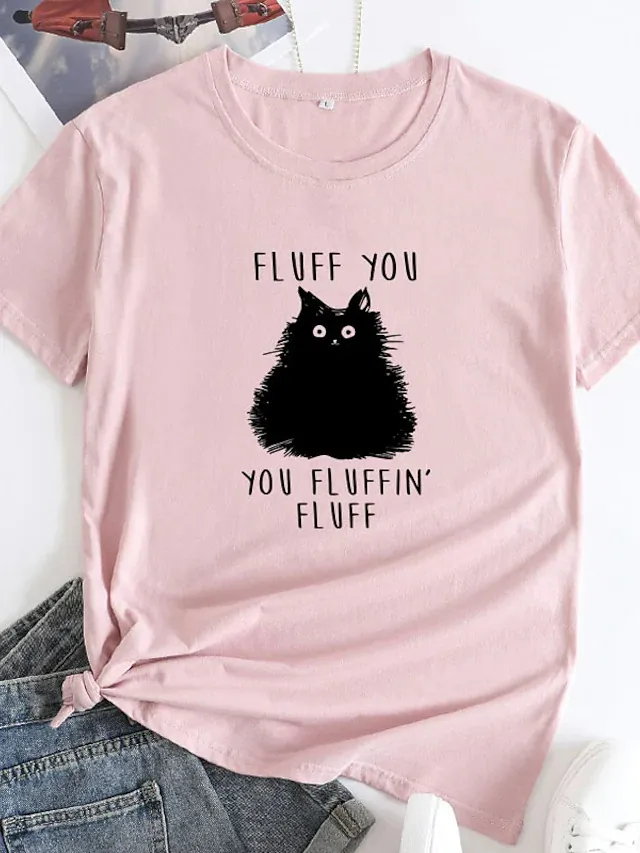 Female Pattern Fluffy Cat Short Sleeve Pink - Shop at LoveMi