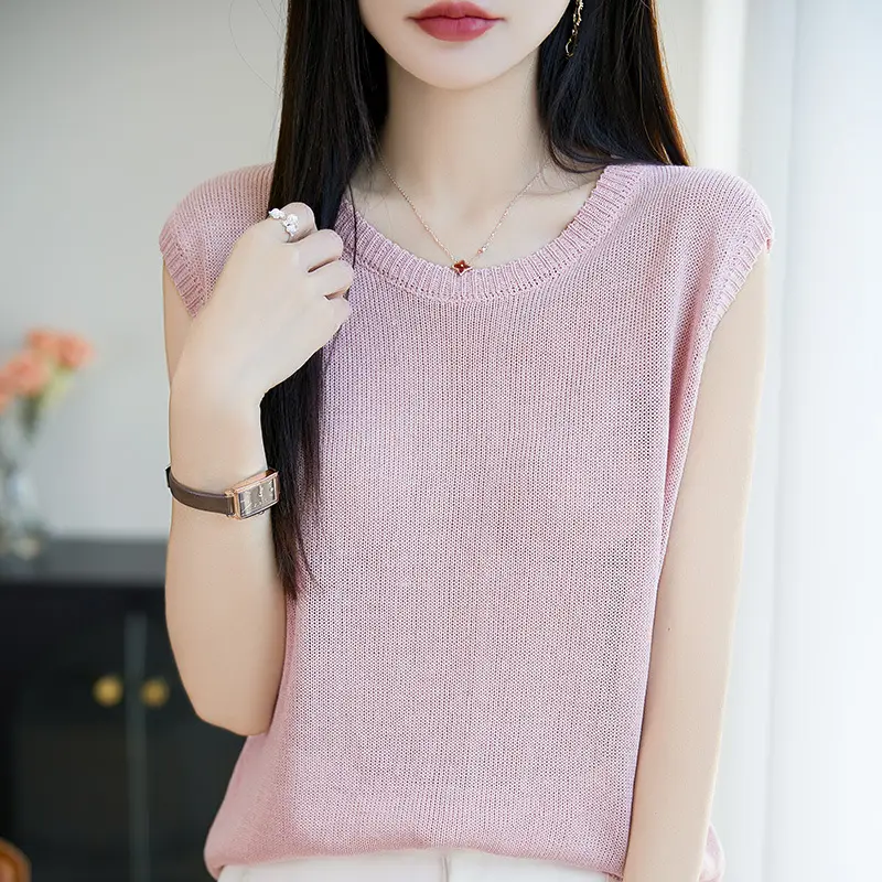 Solid-color Pullover Crewneck Women's Sleeveless Knitted Sweater