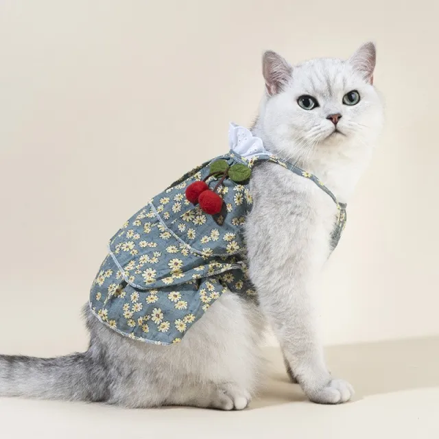 Spring And Summer Dog Clothes Cat Clothing Pet Cotton Floral Slip Dress Mesh Skirt Dress Green Cherry Cake Dress - Shop at LoveMi