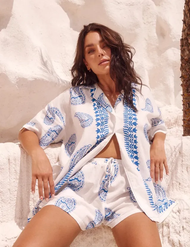 Printed Loose Short Sleeve Shirt Top Casual Shorts Suit Blue - Shop at LoveMi