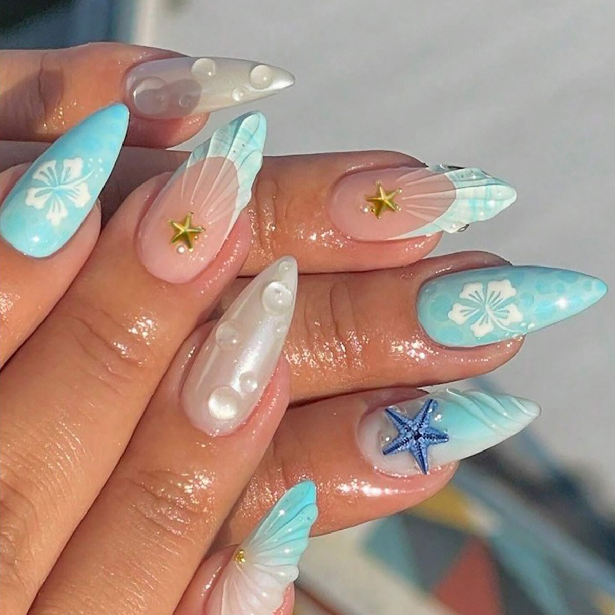 Ladies' Loving-heart Flower Water-drop Almond Nails