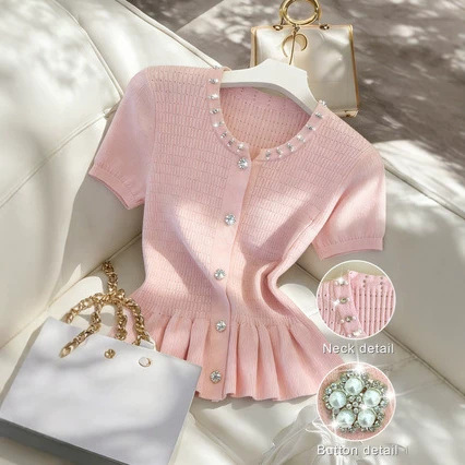 Women's Casual Beaded Round-neck Short-sleeve Waist-cinching Top