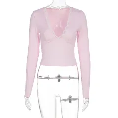 Solid Color V-neck Lace Trim Long Sleeve Fitted Top - Pink - View 1