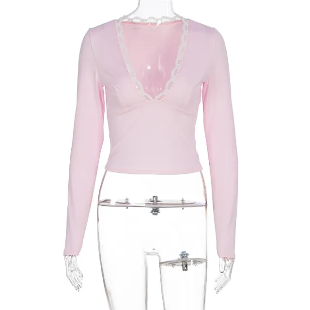 Solid Color V neck Lace Trim Long Sleeve Fitted Top Pink - Shop at LoveMi