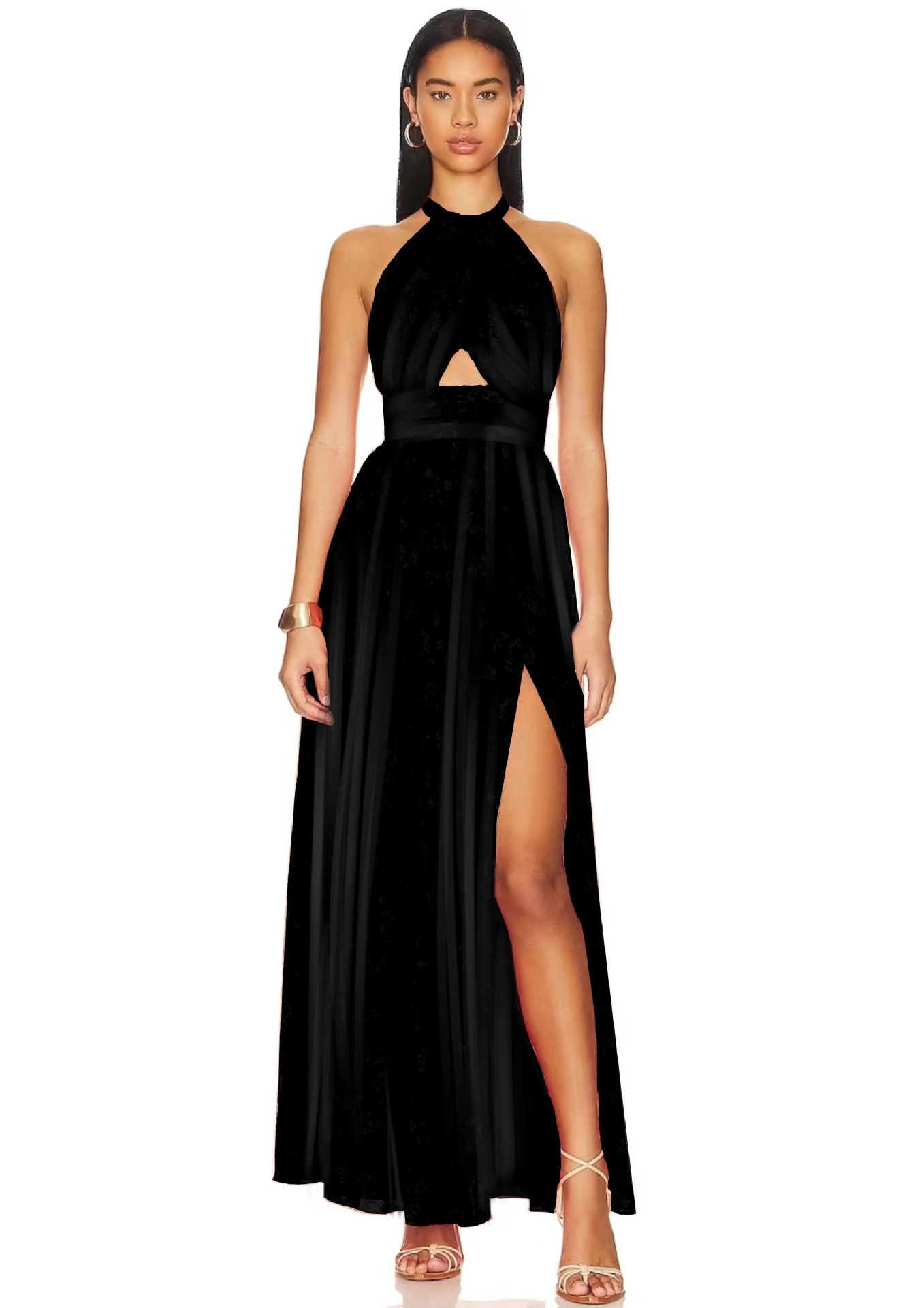 Fashion Printed Cross Collar Lace Pleated Sleeve Dress