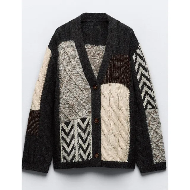 Women's Fashion Casual V neck Color Matching Knitted Sweater Coat Black - Shop at LoveMi