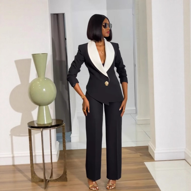 Contrast-color Large Lapel Casual Blazer And Pants Two-piece Set 4