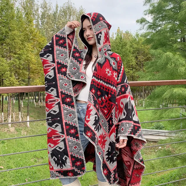 Travel Ethnic Style Women's Shawl Cloak Red And Gray - Shop at LoveMi