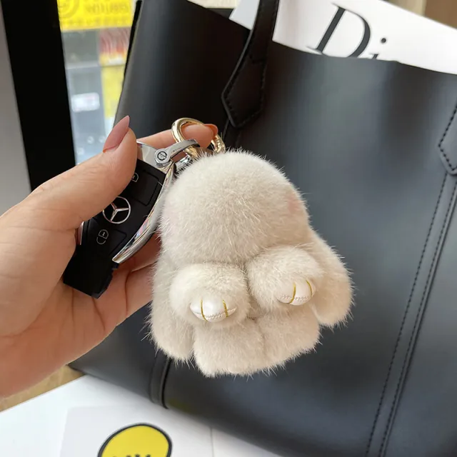 Mink Plush Cute Net Red Rabbit Pendant Keychain Pearl White Leather Feet - Shop at LoveMi