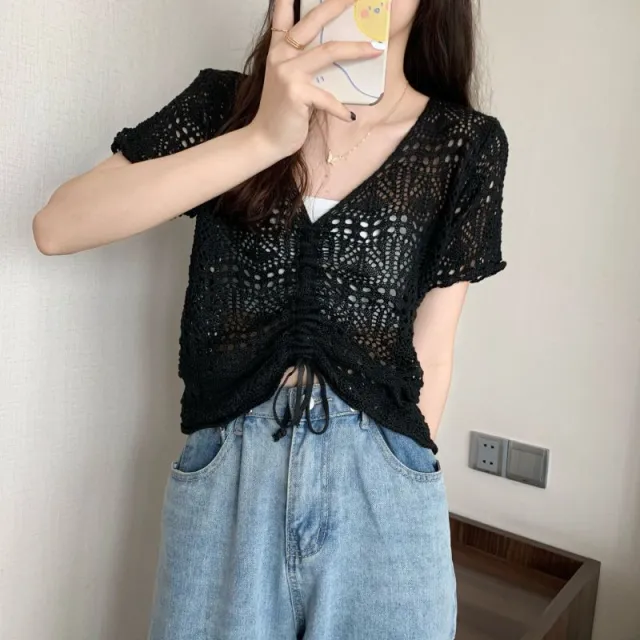 Drawstring V Neck Short Sweater Black - Shop at LoveMi