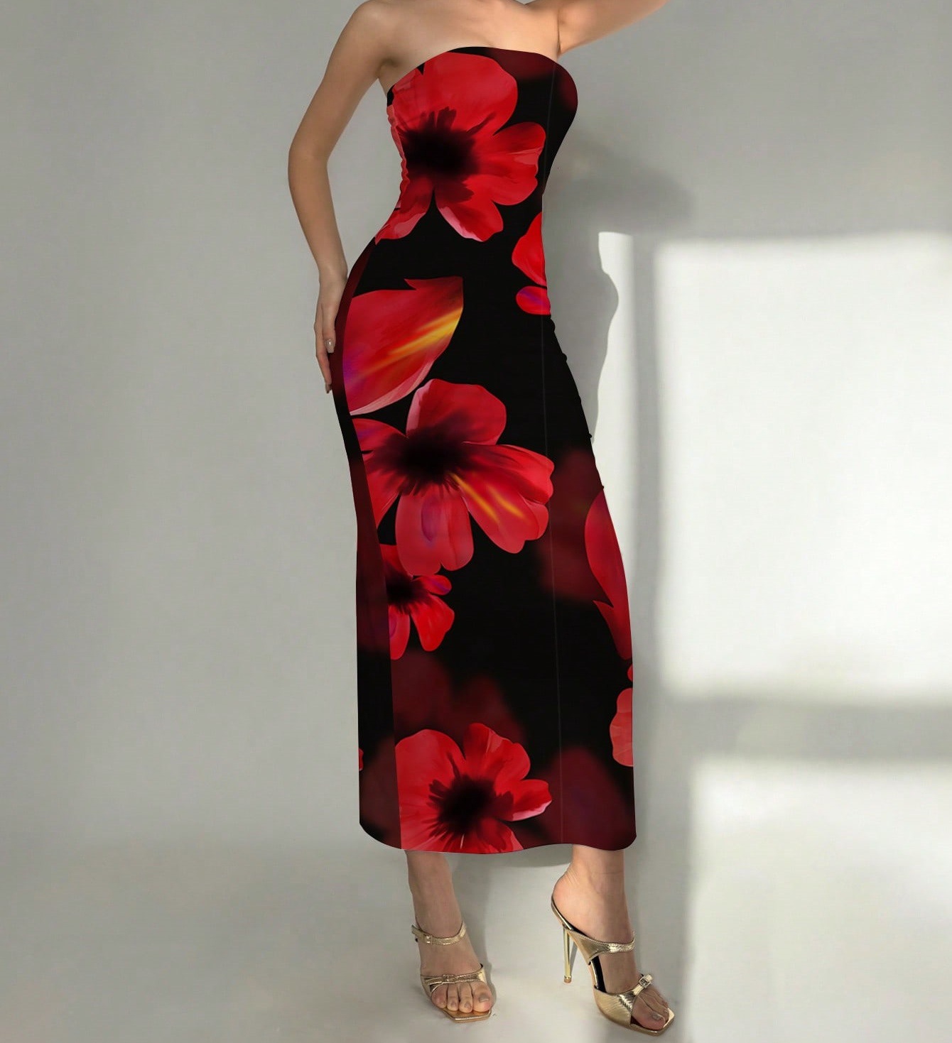 New Women's Slim-fit Contrast Colors Floral Print Dress - Image 22