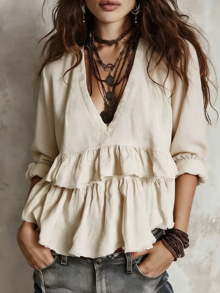 Womens Casual Long-sleeve V-neck Top