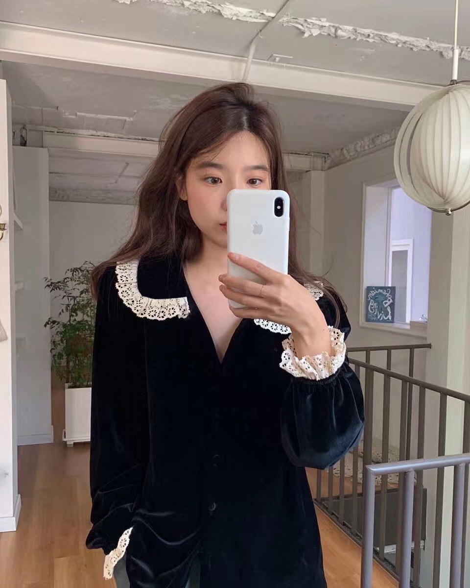 Simple Lace Stitching Lapel Single Breasted Velvet Shirt