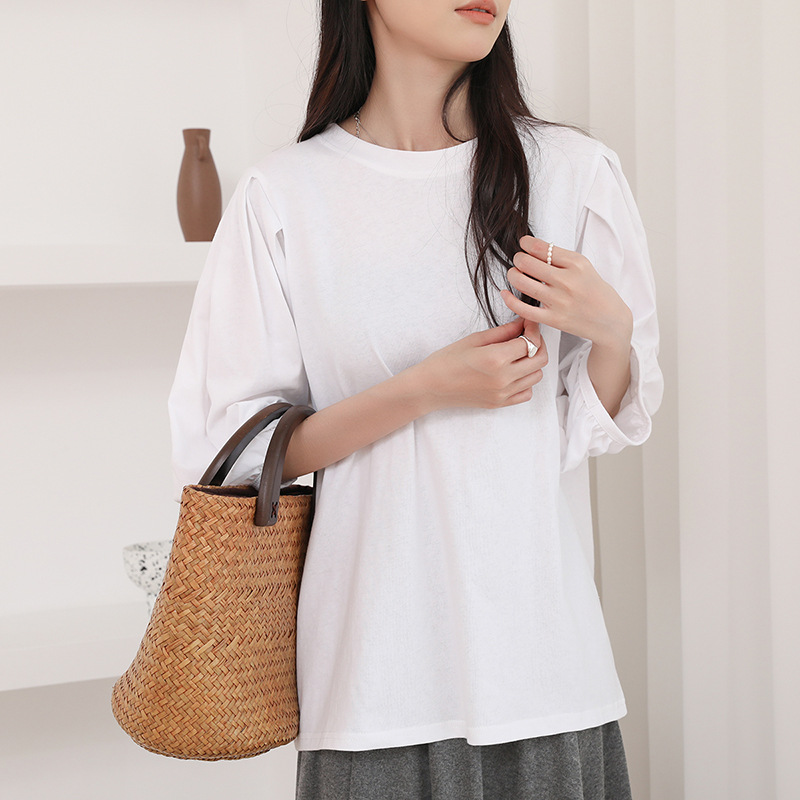Japanese Cotton T-shirt Women's Breathable Lantern Sleeve