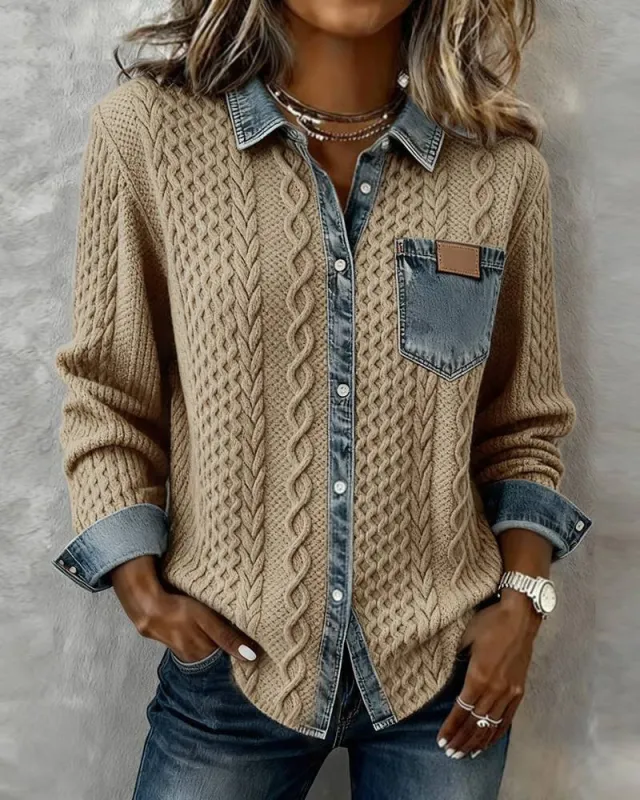 Stylish, Versatile Knitted Patchwork Denim Shirt For Women Camel - Shop at LoveMi