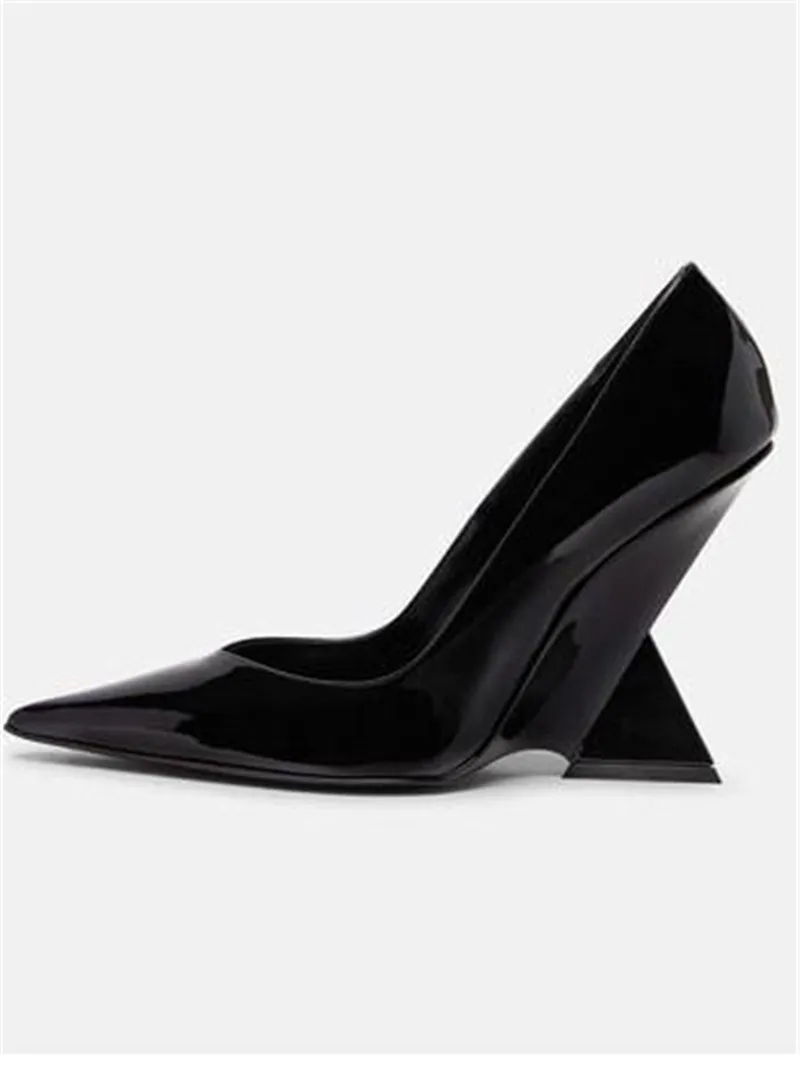 Summer New High Heel Chunky Heel Patent Leather Low-cut Pointed Toe Shoes - Black