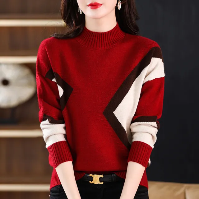 Women's Half Turtleneck Loose fitting Versatile Sweater Color Matching Knitted Bottoming Shirt Red - Shop at LoveMi