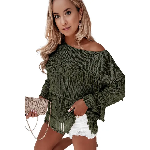 Women's Sweater All matching Tassel Knitted Long sleeved Top Green - Shop at LoveMi
