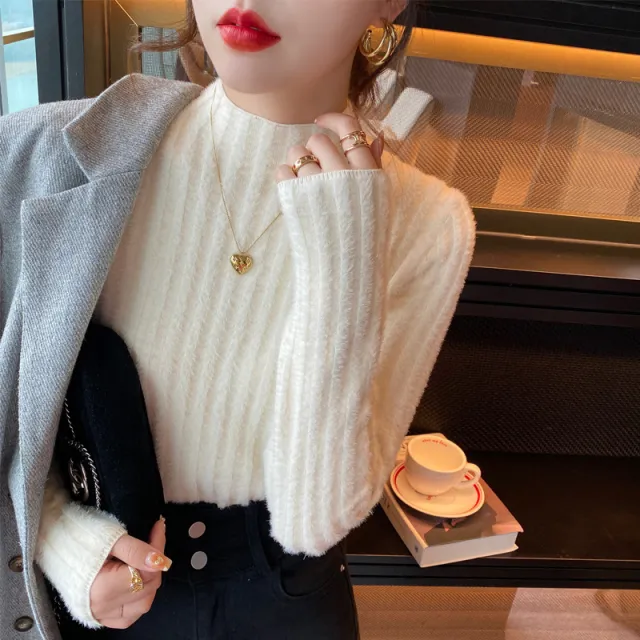 High grade Fleece lined Half high Collar Knitted Bottoming Shirt Inner Wear Sweater Apricot - Shop at LoveMi