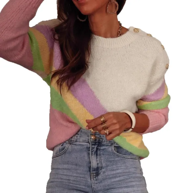 Elegant Holiday Round Neck Shoulder Button Striped Colored Pullover Sweater Apricot - Shop at LoveMi