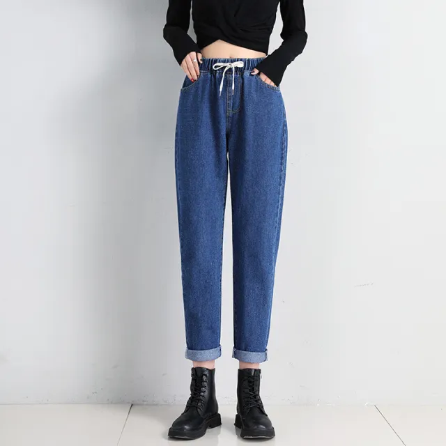 Korean Style Women's Straight Casual Elastic Waist Tied High Waist Student Jeans Dark Blue - Shop at LoveMi