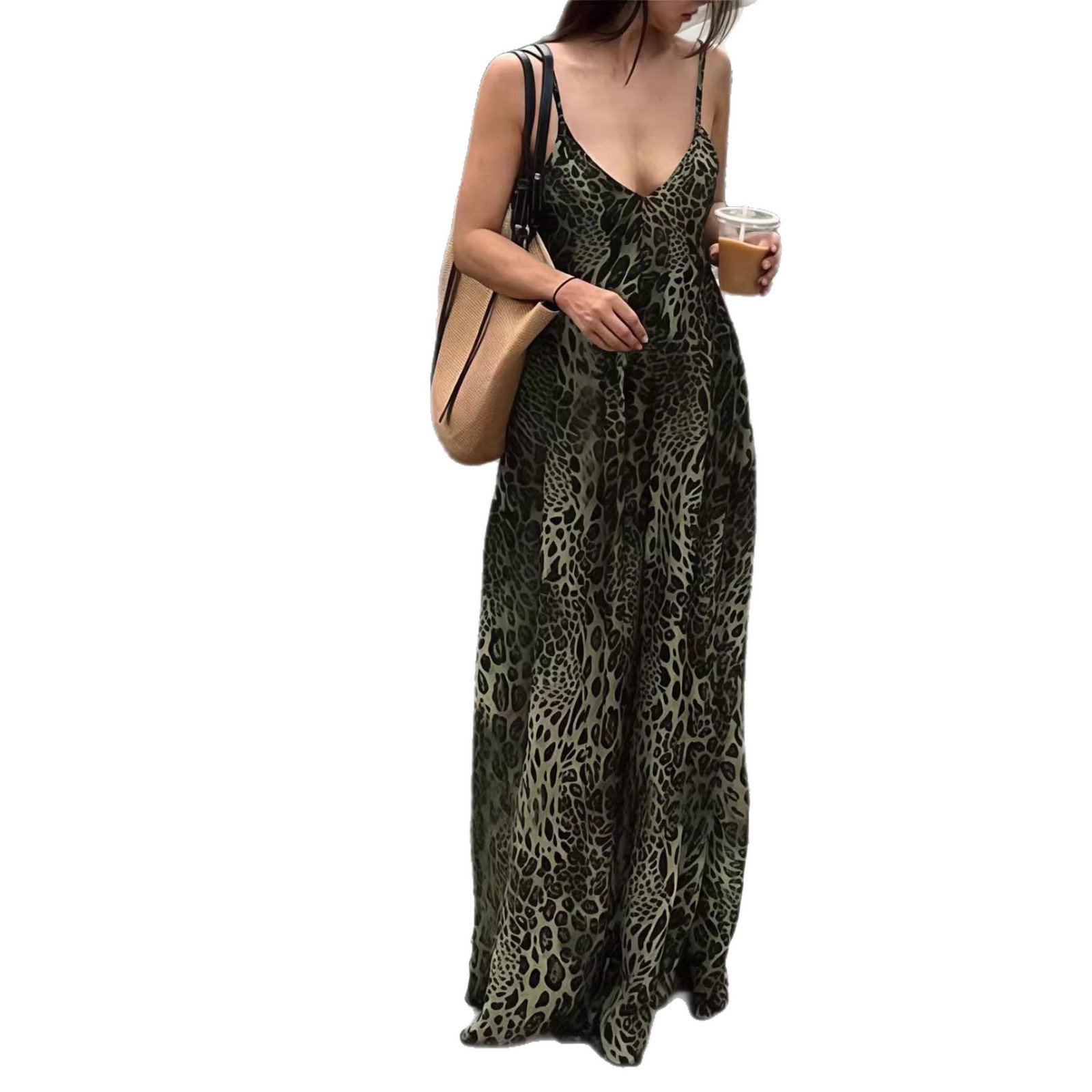 Sexy Leopard-print Backless V-neck Summer Slip Dress For Curvy Figures