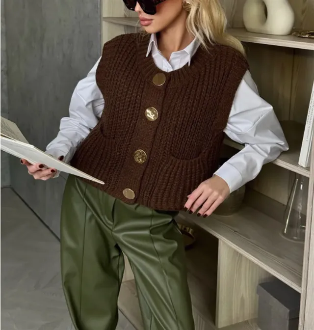 Women's Button Thick Knitted Short Cardigan Brown - Shop at LoveMi