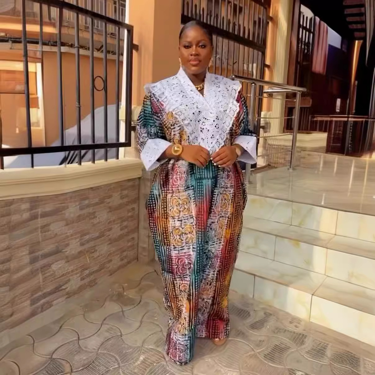 Women's Crystal Satin Printed Stitching Lace Dress