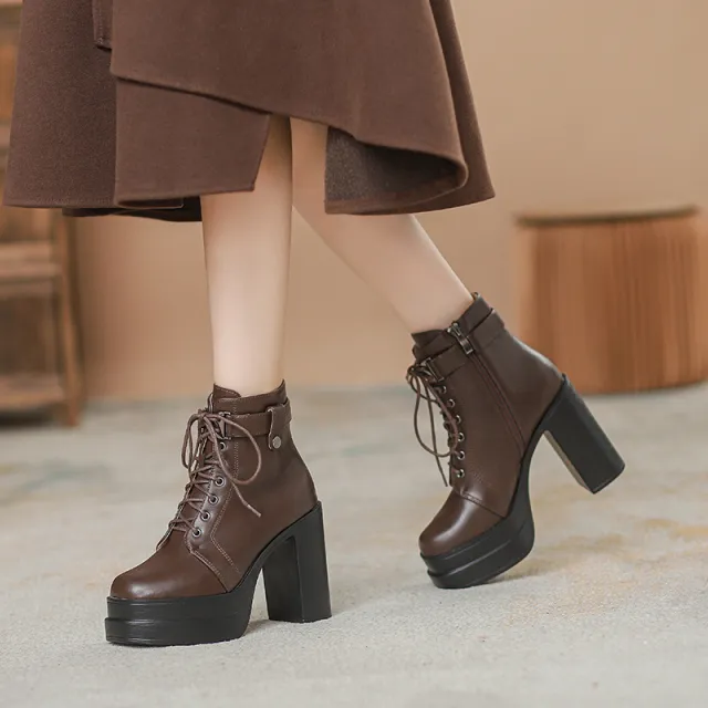 Fashion Short Boots Waterproof Platform Thick Heel High Heels Brown - Shop at LoveMi