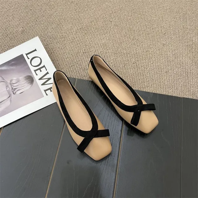French Classic Style Square Toe Flat Shoes Women Khaki - Shop at LoveMi