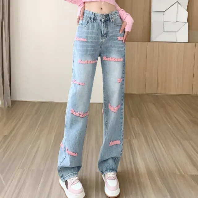 Women's Wide leg Jeans Embroidered Letters Straight leg Pants Pink - Shop at LoveMi