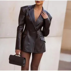 Women's Waist Tight Leather Jacket - Chocolate - View 1