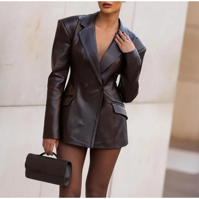 Women's Waist Tight Leather Jacket Chocolate - Shop at LoveMi